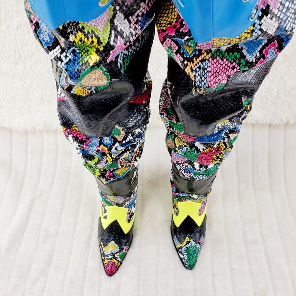 Western Thigh high slouch cowboy boots Multi Snake